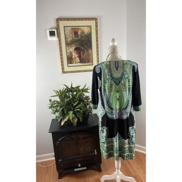 Sandra Darren Dress 12 Blue Green Knee Length Collarless Short Sleeve - Picture 4 of 10